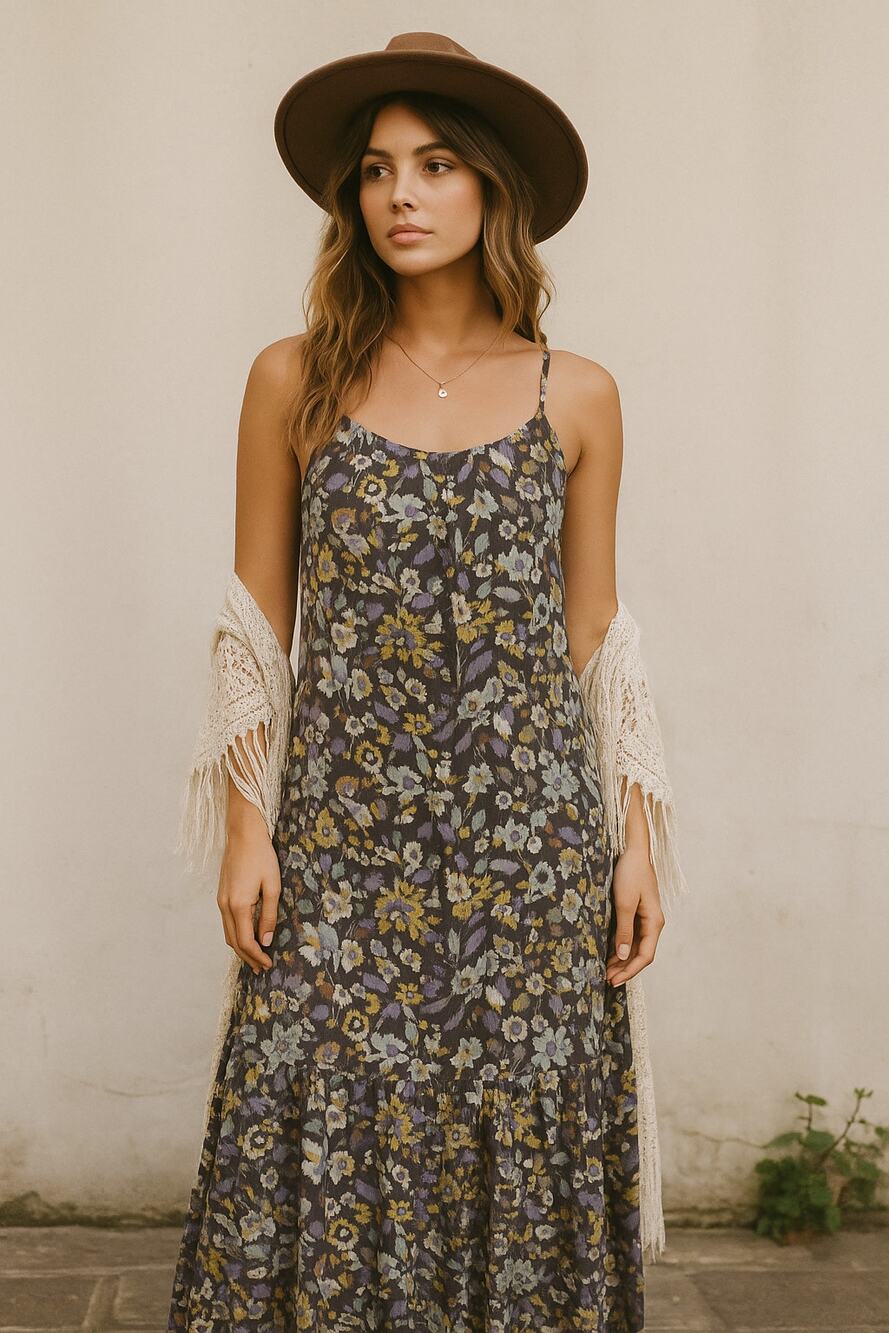 Melloday Floral Maxi Dress Size M Boho Tiered Spaghetti Strap